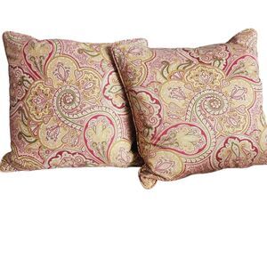 2 Throw Pillows Red Paisley French Country Down Duck Feathers Removable Covers